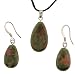 Unakite Flatdrop Shaped Pendant and Earrings Set - Pendant - 13x22mm, Earrings - 11x17mm - Adjustable Cord Necklace