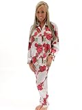 Pajama Set Womens Top Matching Pants White with Floral Print PJS