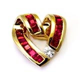 14K Yellow Gold Heart Genuine Ruby And Diamond Pendant w/16 inches necklace