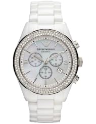 Emporio Armani Ceramica Womens Watch All White Crystals Set Chronogragh Bracelet Ar1456