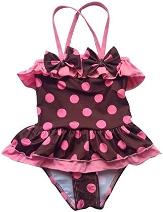 Baby Kids Girl Polka Dot Bow One-piece Swimsuits and Hat 2pc (5T, Pink&amp;Brown)