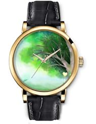 SPRAWL Aanalog Fashion Series Gold Ladies Watches of Genuine Black Leather Strap,Unique Wrist Watch for Women Girls Designed with Green Tree in the Snow