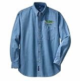 Personalized custom embroidered Fish Stories Told Here design on denim shirt