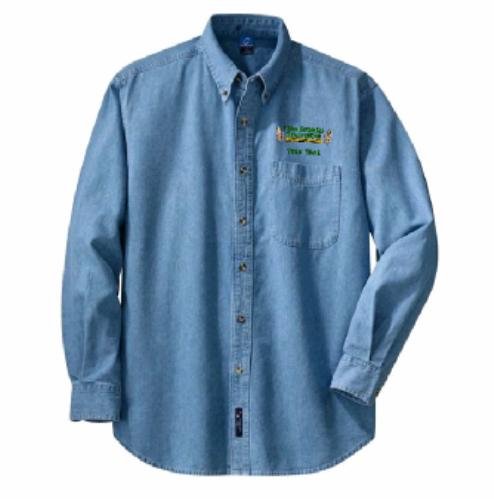 Personalized custom embroidered Fish Stories Told Here design on denim shirt