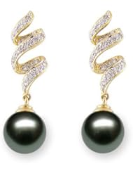 PremiumPearl 10-11mm AAA Quality Black Tahitian Pearl Earrings 14k Yellow Gold & Diamonds