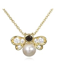 Gold Tone White Pearl Bee Pendant-18"