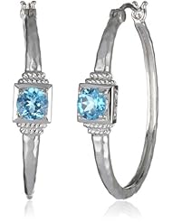 Sterling Silver Genuine Swiss Blue Topaz Hammered and Twisted Hoop Earrings (1.22" Diameter)