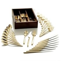 Colin Cowie 45 Piece Service for 8 Gold "Chop" Flatware Set + Flatware Chest + Serving Pieces