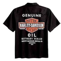 Harley-Davidson&reg; Men's Short-sleeve Oil Can Garage Shirt. Printed vintage style graphics on left chest and on back. 99049-09VM