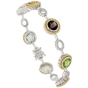 14k White Gold Multi Color Stone 7 Ladies Bracelet, w/ 0.21 Carat Brilliant Cut Diamonds & 9.13 Total Carat Weight Brilliant Cut Green Sapphire, Amethyst, Citrine, Smoky Topaz, Peridot, & Blue Topaz Stones, 7/16 (11mm) wide 14k White Gold Multi Color Stone 7