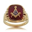Men's Red Masonic Ring w Compass and Square in Yellow Gold