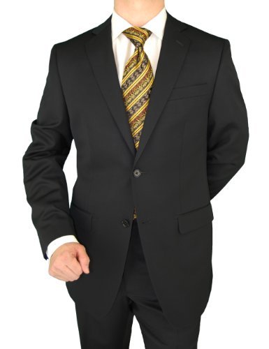 DKNY Donna Karan New York Men's Suit Trim Two Button 2pc Notch Lapel Merino Wool Flat Front Pants Modern Business Suit Black (40 Regular)