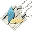 Wing of Love Stainless Steel Couples Blue and Gold Cubic Zirconia Angel Wings Pendant Necklace Set 18"/20-24"
