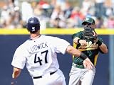 Oakland Athletics v San Diego Padres, PEORIA, AZ - MARCH 06: Cliff Pennington and Ryan Ludwick Photographic Poster Print by Christian Petersen, 9x12