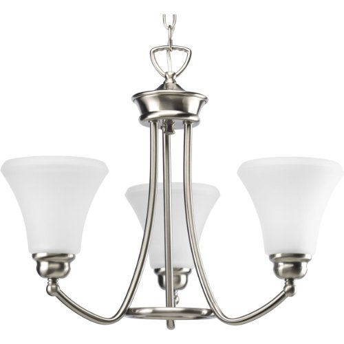 Progress Lighting P4481-09 3-Light Chandelier with Modern Trumpet Glass Shades and Curved Arms Held By A Center Ring, Brushed Nickel