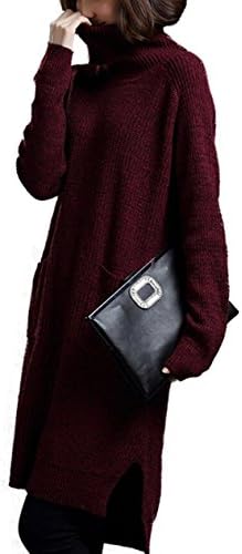GEXMEE Women's Solid Turtle Neck Side Slit Long Pullover Sweater Burgundy One Size