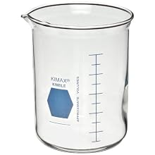 Kimble Kimax KG-33 borosilicate glass Griffin low-form beaker with blue double-scale graduations