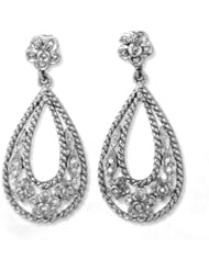 Sterling Silver Diamond Flowers Dangle Earrings
