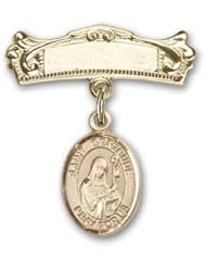 Gold Filled Baby Badge with St. Gertrude of Nivelles Charm and Arched Polished Badge Pin