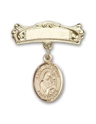 14K Gold Baby Badge with St. Gertrude of Nivelles Charm and Arched Polished Badge Pin