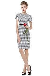 Cocktail Sheath Scoop Neck  Cotton Short Sleeves Houndstooth Print Party Dress/Midi Dress  With a Bow(s)
