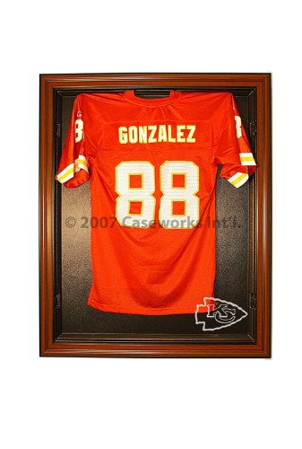 Kansas City Chiefs Football Jersey Display Case with Removable Face and Classic Wood Finish Frame