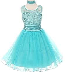 Girls Satin/Tulle Lace Pleated Ruched Sequined  Dress With a Sash 