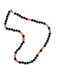 Diamond Pave Black Onyx & Coral Beads Strand Necklace Silver Jewelry