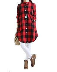 Plaid Print Long Sleeves Cotton/Linen  Dress