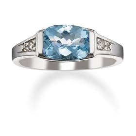 Half Bezel Set Aquamarine and Diamond Ring in 14k White Gold by