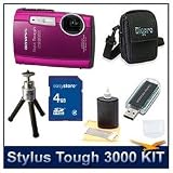 Olympus Stylus Tough 3000 Digital Camera (Pink), 12 Megapixels, 2.7" LCD Monitor, 28mm Lens w/ 3.6x Optical Zoom, 4 GB Memory Card, Card Reader, Tripod, Deluxe Carrying Case, and Lens Cleaning Kit