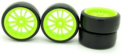 Durable Plastic 12 Spoke Green Wheel Rim &amp; Tyre Tires for RC 1/10 Drift Car Pack of 4 by rc parts