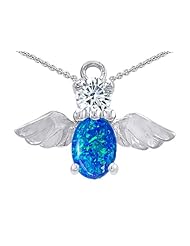 Original Star K (tm) Angel Of Love Protection Pendant With Oval 8x6mm Created Blue Opal in 925 Sterling Silver
