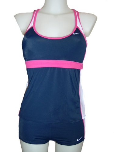 Womens Nike 2 Piece Tankini Boyshorts Briefs Swimsuit, Racerback, Navy/Pink/White, Athletic