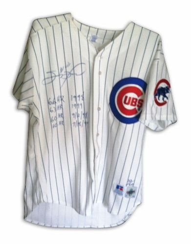 Sammy Sosa Chicago Cubs Autographed Russell Athletic Authentic Pinstripe Jersey Inscribed 66 Hr 1998 63 Hr 1999 60 Hr 9-12-98 60 Hr 9-18-99