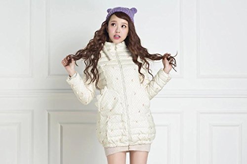 ダウンジャケット ダウンコート ダウンフェザー ダウンコート　ダウンジャケット　スリム　いちご　ストロベリーポケットデザイン　エレガント　レトロ　可愛い　キュート　リボン ホワイト (オリジナル・ロゴスブレスレット(茶)とサシェセット)