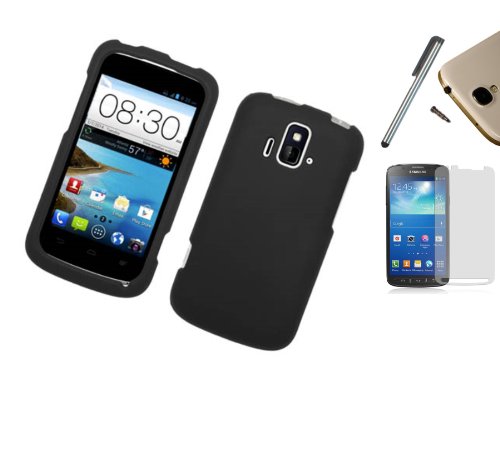For ZTE Radiant Z740 (AT&T) Hard Case Snap On Cellphone Rubberized Plastic Cover + [WORLD ACC] TM Brand LCD Screen Protector + Silver Stylus Pen + Black Dust Cap Free Gift (Rubberized Black)
