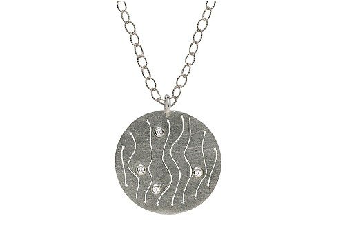 18K White Gold Matte Etched Medallion Pendant, Enhanced with Bezel Set Diamonds, Sliding on a 16'' Open-link Chain Necklace. ( 0.06 c.t.t.w, GH-Color, SI-Clarity).
