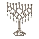 Pewter Finished Hanukkah Menorah Silver Colored Lattice Design with Dangling Star of David, Hamsa and Chai Charms