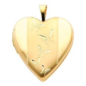 14K Yellow Gold Butterfly Engraved Heart Locket Pendant (0.8