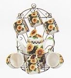 SUNFLOWER 9pc TEA Set Pot & Cups w/Iron Rack NEW!
