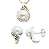 S&G Sterling Silver and 14k Yellow Gold Freshwater Cultured Pearl and Diamond Pendant and Earring Set (0.03cttw, I-J Color, I3 Clarity), 18