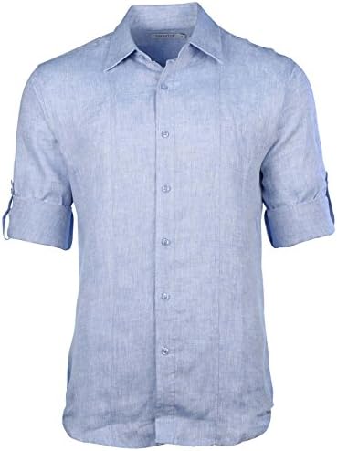 Mojito Collection Men's Linen Double Striped Front Core Rolled-Sleeve Shirt-Blue-XL