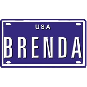 Brenda USA mini metal embossed license plate name for bikes, tricycles, wagons, kids doors, golf carts, baby strollers, pedal cars. Over 400 names available. Type in 
