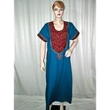 Women Fashion Azure Maroon Embroidered Cotton Kaftans Short Sleeve Evening Lounge Wear Size L Free Shipping