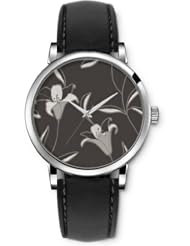 SPRAWL Aanalog Fashion Series Silver Ladies Watches of Genuine Black Leather Strap,Unique Wrist Watch for Women Girls Designed with Drawing lily flowers on gray background