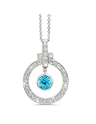Elegant Bow Twin Circle Diamond Pendant In 18K White Gold With A 0.45 ct. Genuine Blue Topaz Center Stone.