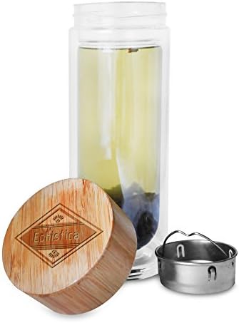 Infusion Bottle by Ephistica - Premium Fruit and Tea Water Infuser Tumbler made of Double Walled Glass and a No Leak Bamboo Lid.