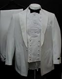 New Mens Six Piece (6pc) Complete White Tuxedo - One Button Jacket, Pants, Double Breasted Reversible Vest, Shirt, Satin Bow Tie, and Cummerbund Included