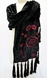 IMAGE OF Silk Velvet Piano Shawl Floral Embroidered Shawl Stole Wrap Scarf Table Runner Tassled Black Burgundy Dark Green